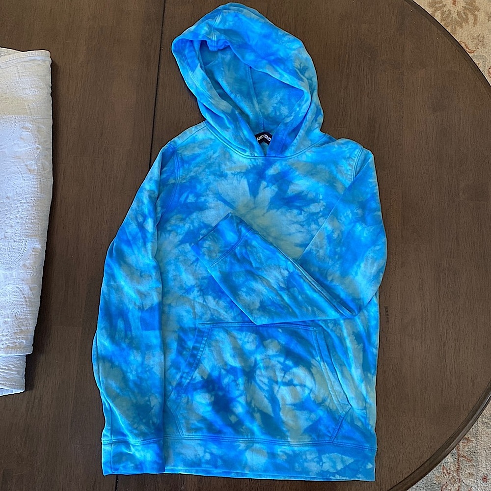 New Lands End Girls Size 10/12 Blue Tie Dye Hooded Sweatshirt